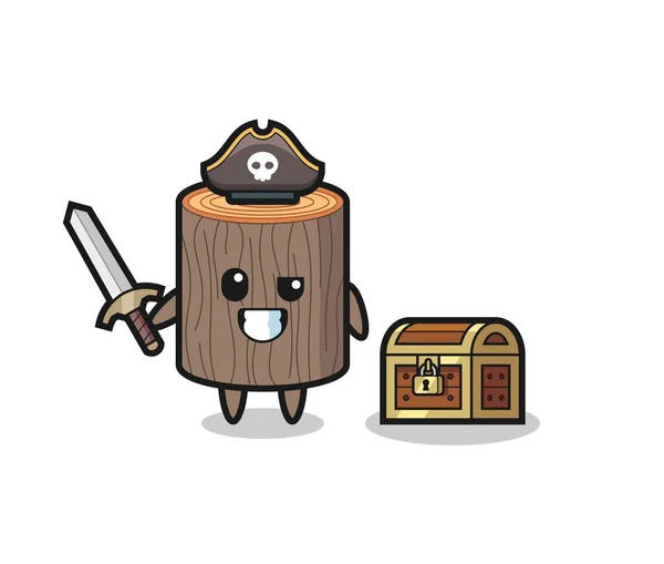 Stock vector the tree stump pirate character holding sword beside a treasure box , cute design