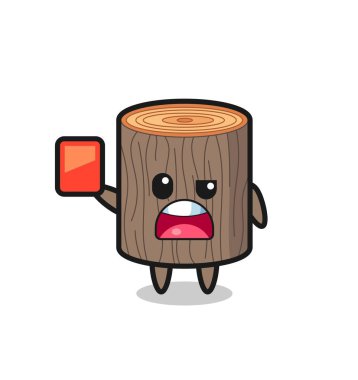 Hakem olarak ağaç kütüğü şirin maskotu kırmızı kart veriyor, şirin tasarım.