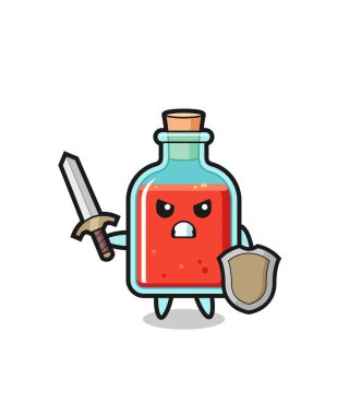 Şirin kare zehirli şişe asker kılıçla ve kalkanla savaşıyor, şirin tasarım.