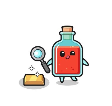 Kare zehirli şişe karakteri altın külçesinin gerçekliğini kontrol ediyor, şirin tasarım.
