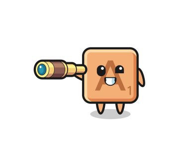 Sevimli Scrabble karakteri eski bir teleskop tutuyor, şirin bir tasarım.