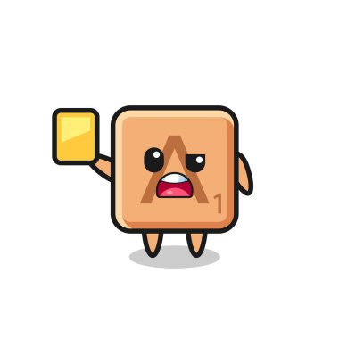 Futbol hakemi olarak çizgi film Scrabble karakteri sarı kart veriyor, şirin bir tasarım.