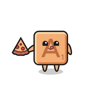 Tatlı Scrabble çizgi filmi pizza yiyor, şirin tasarım.