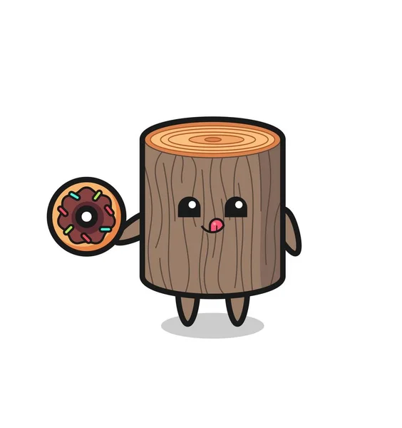 Bir Ağaç Kütüğü Karakteri Tatlı Bir Donut Yiyor — Stok Vektör