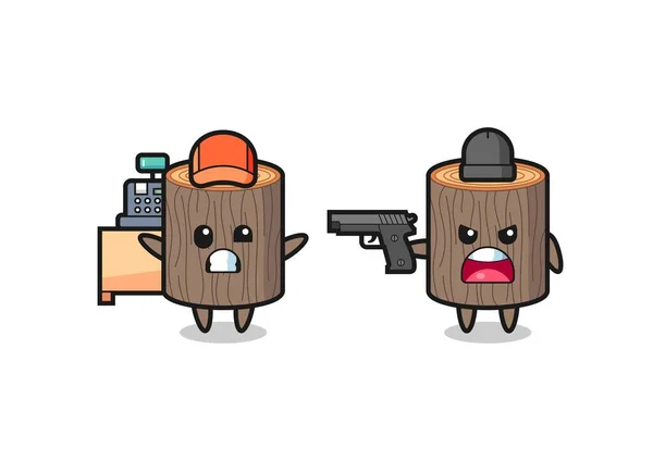 Illustration Cute Tree Stump Cashier Pointed Gun Robber Cute Design — Stock Vector