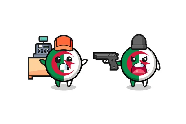 Illust Cute Algeria Flag Cashier Pointed Gun Robber Cute Design —  Vetores de Stock