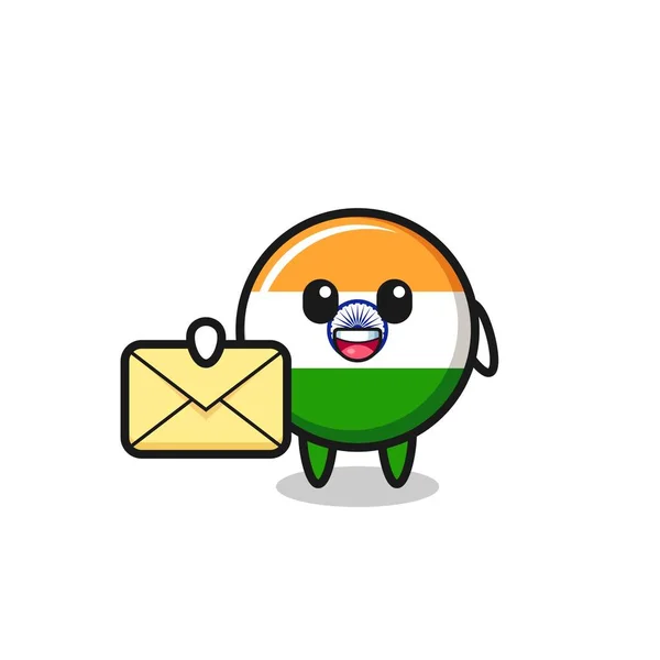 Cartoon Illustration India Flag Holding Yellow Letter Cute Design — ストックベクタ