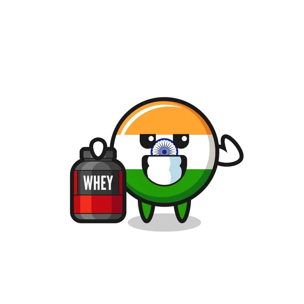 Muskulös India Flagga Karaktär Håller Ett Proteintillskott Söt Design — Stock vektor
