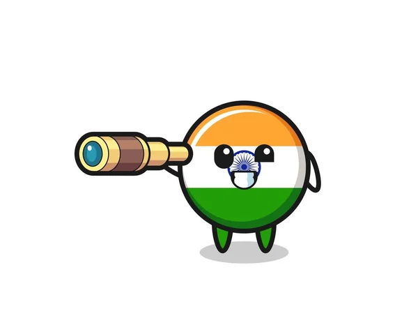 Lindo Personaje Bandera India Está Sosteniendo Viejo Telescopio Lindo Diseño — Vector de stock