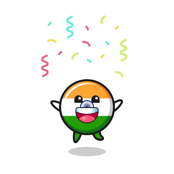 Gelukkig India Vlag Mascotte Springen Voor Felicitatie Met Kleur Confetti — Stockvector