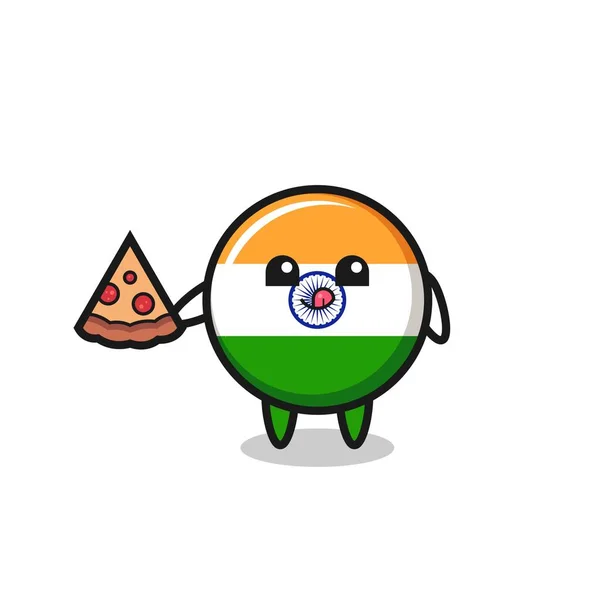 可爱的印度国旗卡通吃披萨 可爱的设计 — 图库矢量图片
