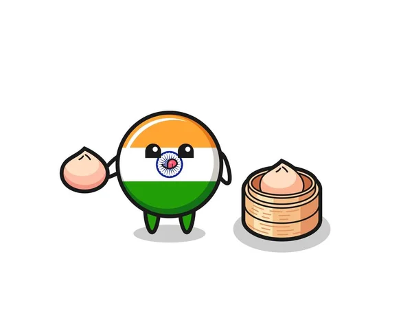 Χαριτωμένο Ινδική Σημαία Χαρακτήρα Τρώει Στον Ατμό Ψωμάκια Χαριτωμένο Σχεδιασμό — Διανυσματικό Αρχείο