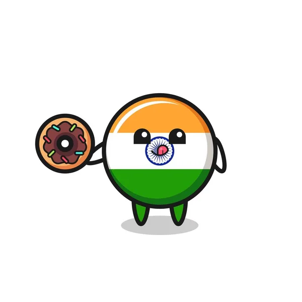 Ilustración Personaje Bandera India Comiendo Una Rosquilla Diseño Lindo — Vector de stock