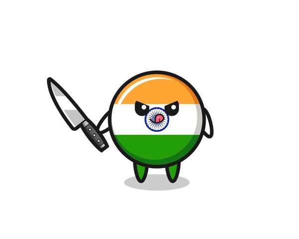 Schattig India Vlag Mascotte Als Een Psychopaat Met Een Mes — Stockvector