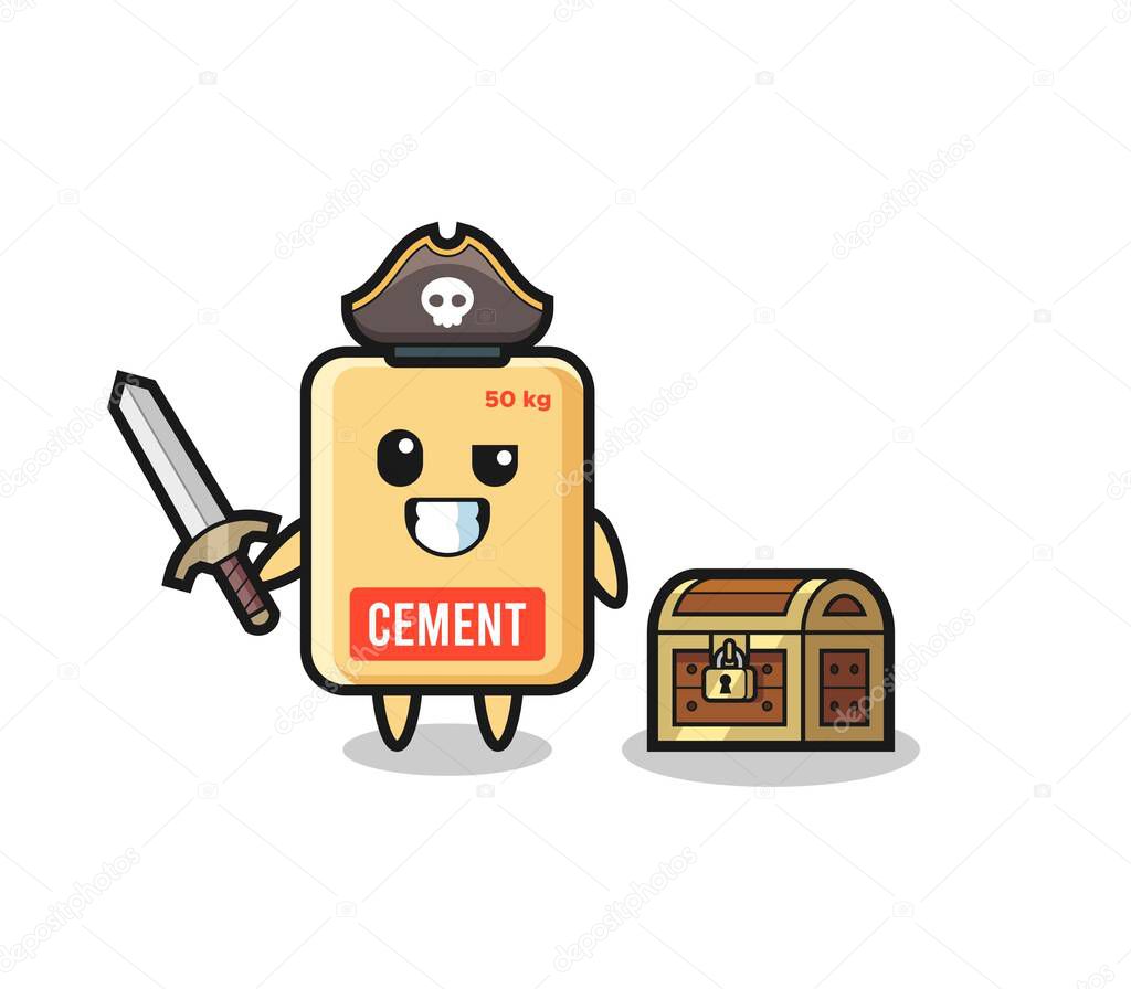 the cement sack pirate character holding sword beside a treasure box , cute design