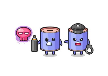 Silindir domuz bankası çizgi filmi vandalizm yapıyor ve polis tarafından yakalandı, şirin tasarım.