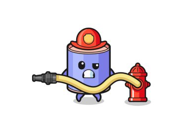 Su hortumlu itfaiyeci maskotu rolünde silindir domuz kumbarası çizgi filmi, şirin tasarım.