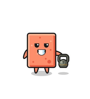 Tuğla maskotunun salonda kettlebell kaldırması, şirin bir tasarım.