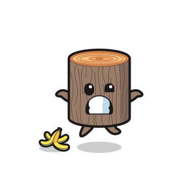 Ağaç kütüğü karikatürü muz kabuğunda kayıyor, şirin bir tasarım.