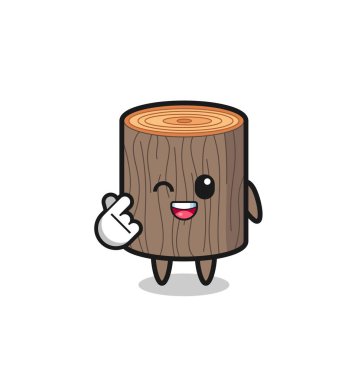 Ağaç kütüğü karakteri Korece parmak kalbi yapıyor, şirin tasarım.