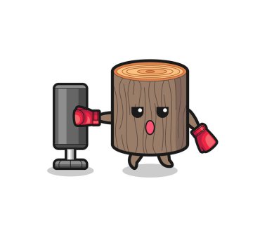 Ağaç kütüğü boksör çizgi filmi kum torbasıyla antrenman yapıyor, şirin tasarım.