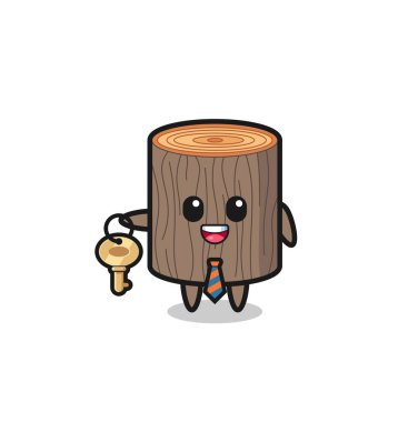 Emlakçı maskotu olarak şirin ağaç kütüğü, şirin tasarım.