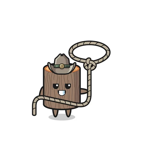 Tree Stump Cowboy Lasso Rope Cute Design — ストックベクタ