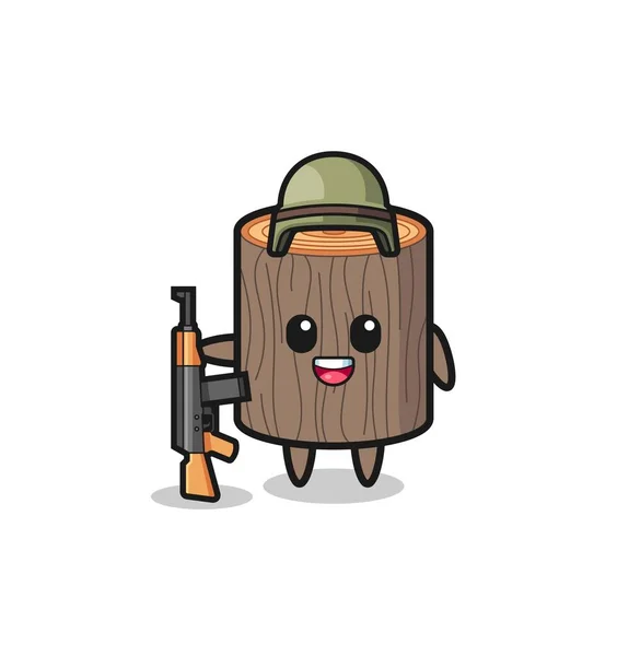 Cute Tree Stump Mascot Soldier Cute Design — Stock Vector