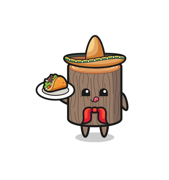 Souche Arbre Chef Mexicain Mascotte Tenant Taco Design Mignon — Image vectorielle