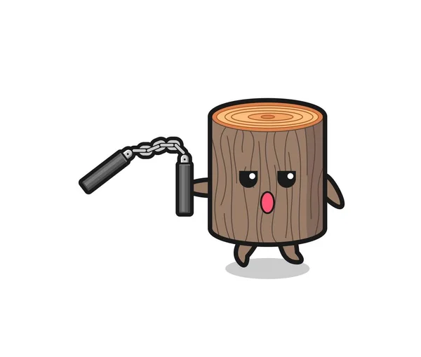 ヌンチャクを使った木の切り株の漫画かわいいデザイン — ストックベクタ