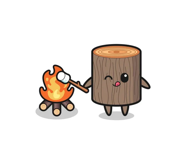 Tree Stump Character Burning Marshmallow Cute Design — Stock Vector