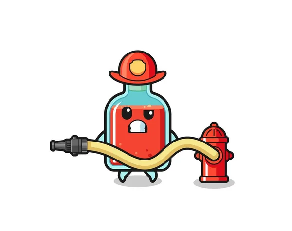 方块毒瓶卡通片作为消防员吉祥物与水龙 可爱的设计 — 图库矢量图片