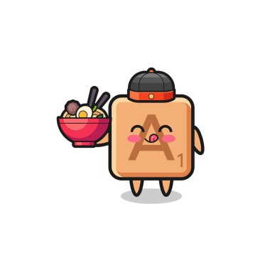 Çin şef maskotu Scrabble elinde erişte kasesi, şirin bir tasarım.