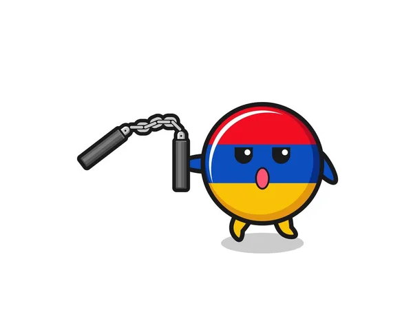 Dibujos Animados Armenia Bandera Usando Nunchaku Lindo Diseño — Vector de stock