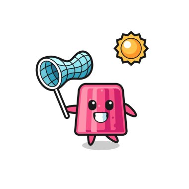 Jöle maskotu illüstrasyonu kelebeği yakalıyor, şirin tasarım.