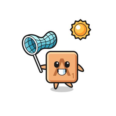 Scrabble maskotu çizimi kelebeği yakalıyor, şirin tasarım.