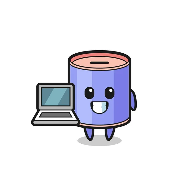 Mascot Εικονογράφηση Του Κουμπαρά Κυλίνδρων Ένα Φορητό Υπολογιστή Χαριτωμένο Σχεδιασμό — Διανυσματικό Αρχείο