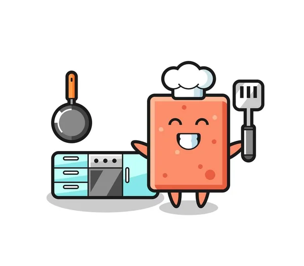 料理人としてのレンガのキャラクターイラストかわいいデザイン — ストックベクタ