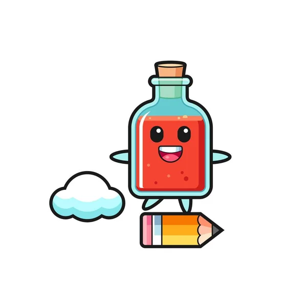 Square Poison Bottle Mascot Illustration Riding Giant Pencil Cute Design — Stock Vector