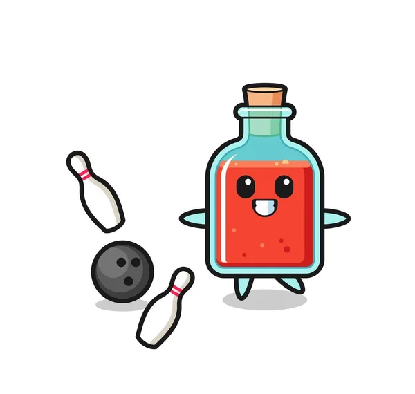 Personaje Dibujos Animados Botella Veneno Cuadrado Está Jugando Bolos Lindo — Vector de stock