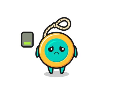 Maskot karakter yorgun bir jest yapıyor, şirin bir tasarım.