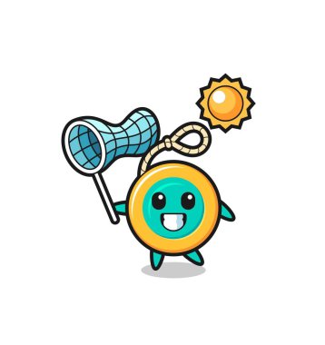 Maskot resimlerin kelebek yakalıyor, şirin tasarım.