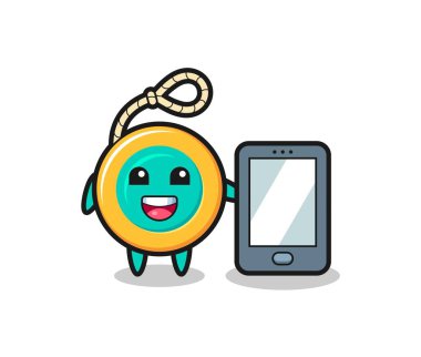 Seni resimli çizgi film, elinde akıllı telefon, şirin bir tasarım.