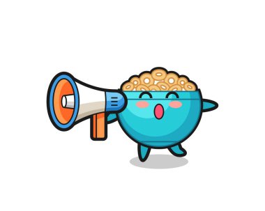 Mısır gevreği kâsesi karakteri çizimi elinde megafon, şirin bir tasarım.