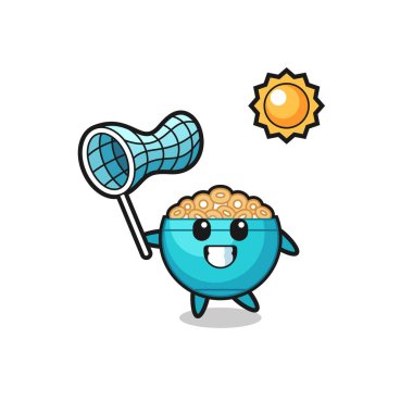 Mısır gevreği maskotu illüstrasyonu kelebeği yakalıyor, şirin tasarım.