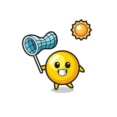 Yumurta sarısı maskotu illüstrasyonu kelebeği yakalıyor, şirin tasarım.