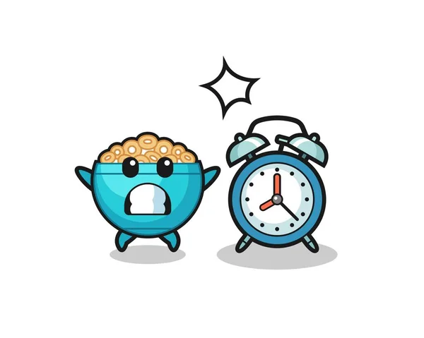 Cartoon Illustration Cereal Bowl Surprised Giant Alarm Clock Cute Design — Stockový vektor