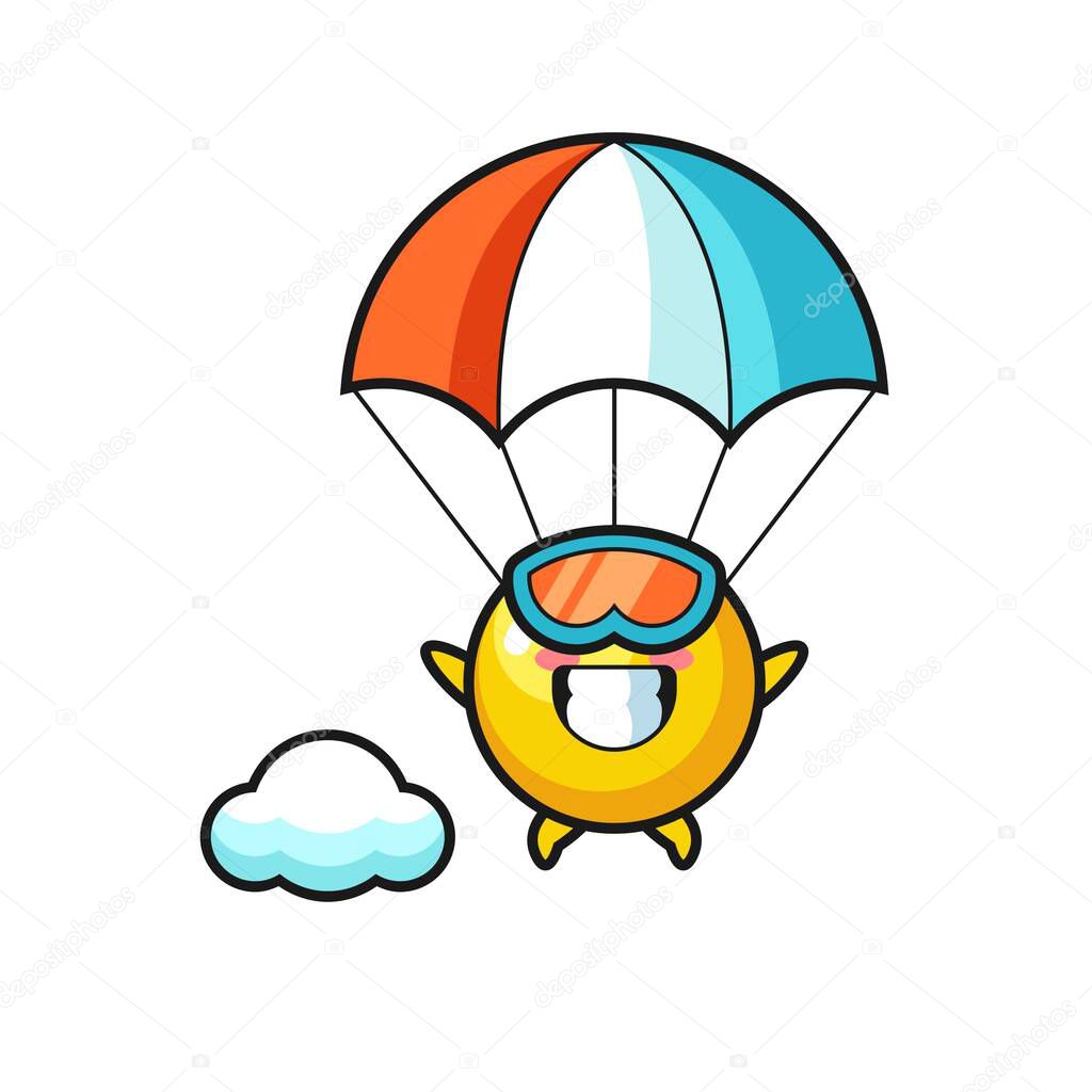 egg yolk mascot cartoon is skydiving with happy gesture , cute design