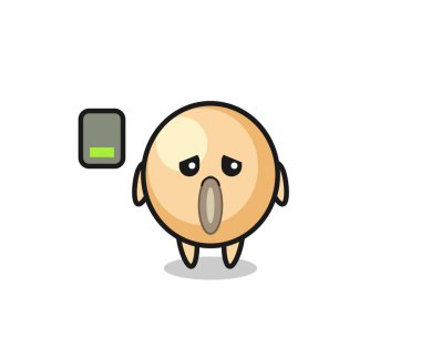 soya fasulyesi maskotu yorgun bir jest yapıyor, şirin bir tasarım.