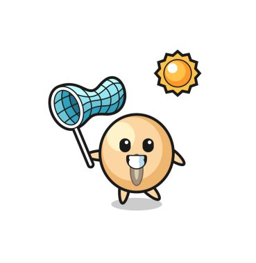 soya fasulyesi maskotu illüstrasyonu kelebek yakalıyor, şirin tasarım.